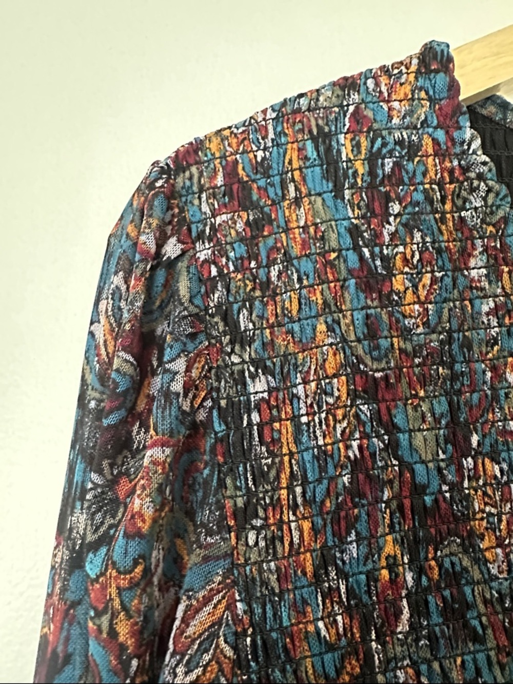 Evereve Long-Sleeve V-Neck Smocked Top in Teal, Gold and Maroon Paisley - Picture 3 of 7
